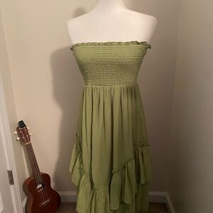 Green Strapless Smocked Dress